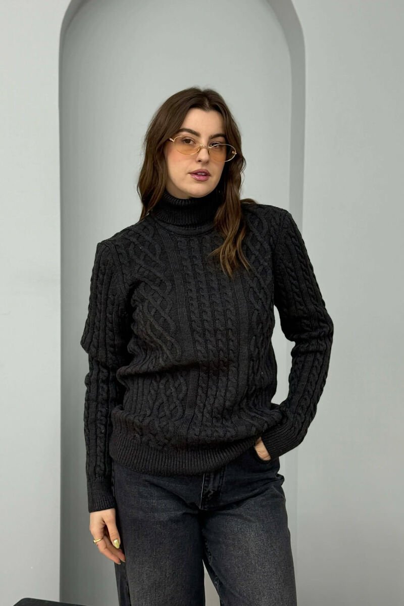 ONE COLOR HIGH NECK KNITTED WOMEN SWEATER DARK GREY/GEE - 1