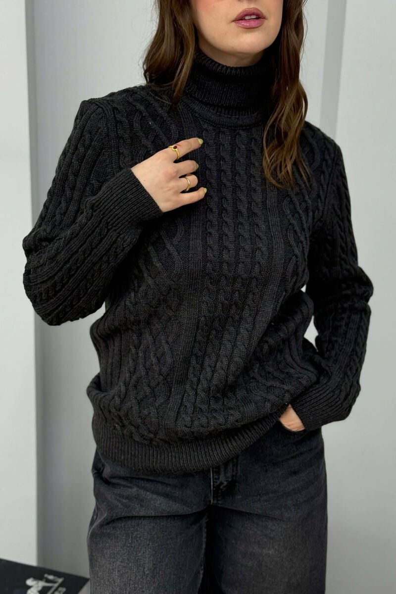 ONE COLOR HIGH NECK KNITTED WOMEN SWEATER DARK GREY/GEE - 2