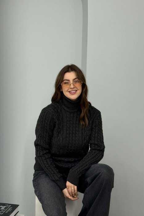 ONE COLOR HIGH NECK KNITTED WOMEN SWEATER DARK GREY/GEE - 3