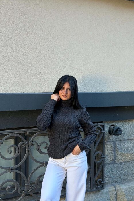 ONE COLOR HIGH NECK KNITTED WOMEN SWEATER DARK GREY/GEE - 4