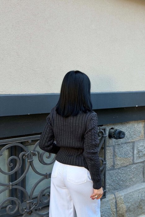 ONE COLOR HIGH NECK KNITTED WOMEN SWEATER DARK GREY/GEE - 5