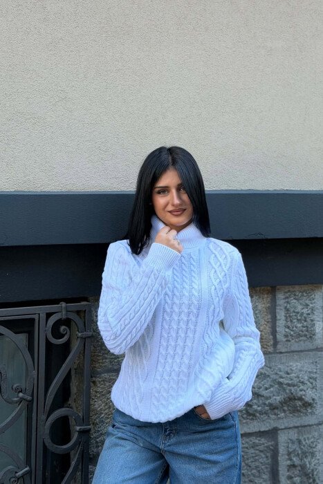 ONE COLOR HIGH NECK KNITTED WOMEN SWEATER WHITE-E BARDHE - KLAUDIO FASHION