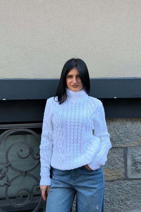ONE COLOR HIGH NECK KNITTED WOMEN SWEATER WHITE-E BARDHE - 3