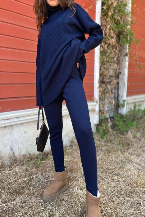 ONE COLOR HIGH NECK SWEATER +SWEATPANTS WOMAN SET BLUE/BLU - 3