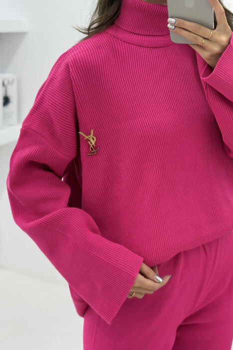 ONE COLOR HIGH NECK SWEATER+TROUSERS WOMEN SET FUCHSIA/CIKLAMI - 6