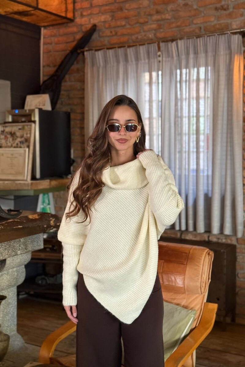 ONE COLOR HIGH NECK WOMAN SWEATER CREAM/KREM - 1