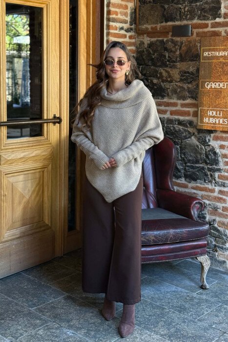 ONE COLOR HIGH NECK WOMAN SWEATER LIGHT BROWN/KAZB - 5