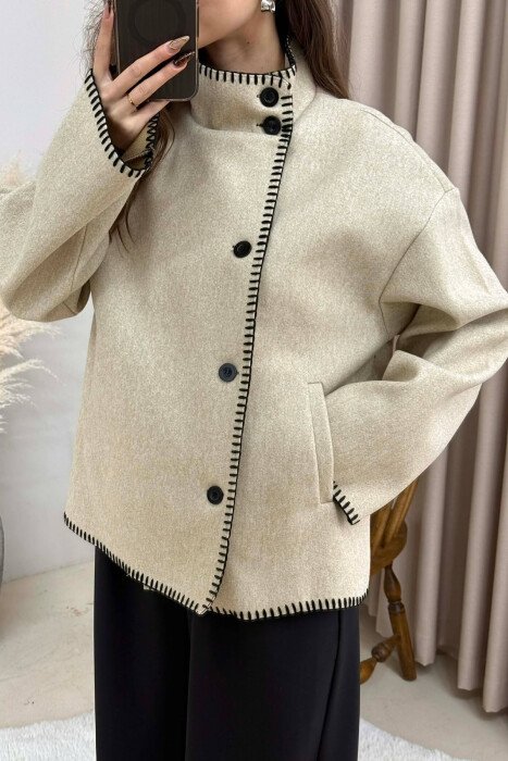 ONE COLOR HIGH NECK WOMEN JACKET LIGHT BEIGE/BZHZB - 1