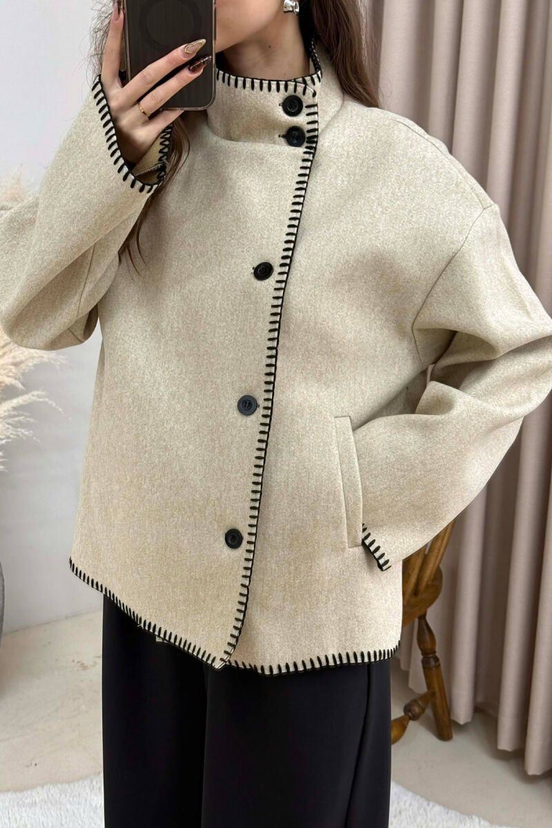 ONE COLOR HIGH NECK WOMEN JACKET LIGHT BEIGE/BZHZB - 1