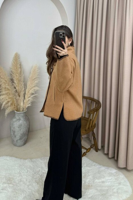 ONE COLOR HIGH NECK WOMEN JACKET LIGHT BROWN/KAZB - 4