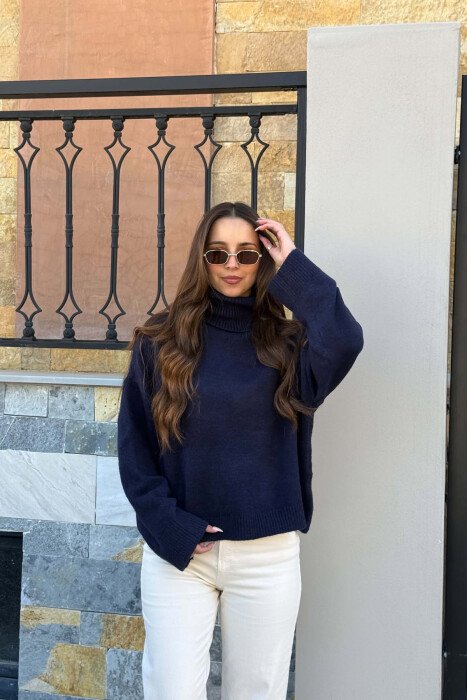 ONE COLOR HIGH NECK WOMEN SWEATER BLUE/BLU - KLAUDIO FASHION