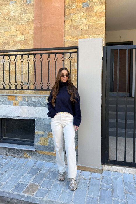 ONE COLOR HIGH NECK WOMEN SWEATER BLUE/BLU - 3
