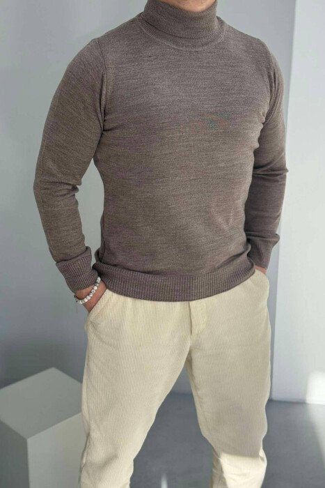 ONE COLOR HIGH NECK MEN SWEATER DARK BEIGE/BEZHE ERRET 