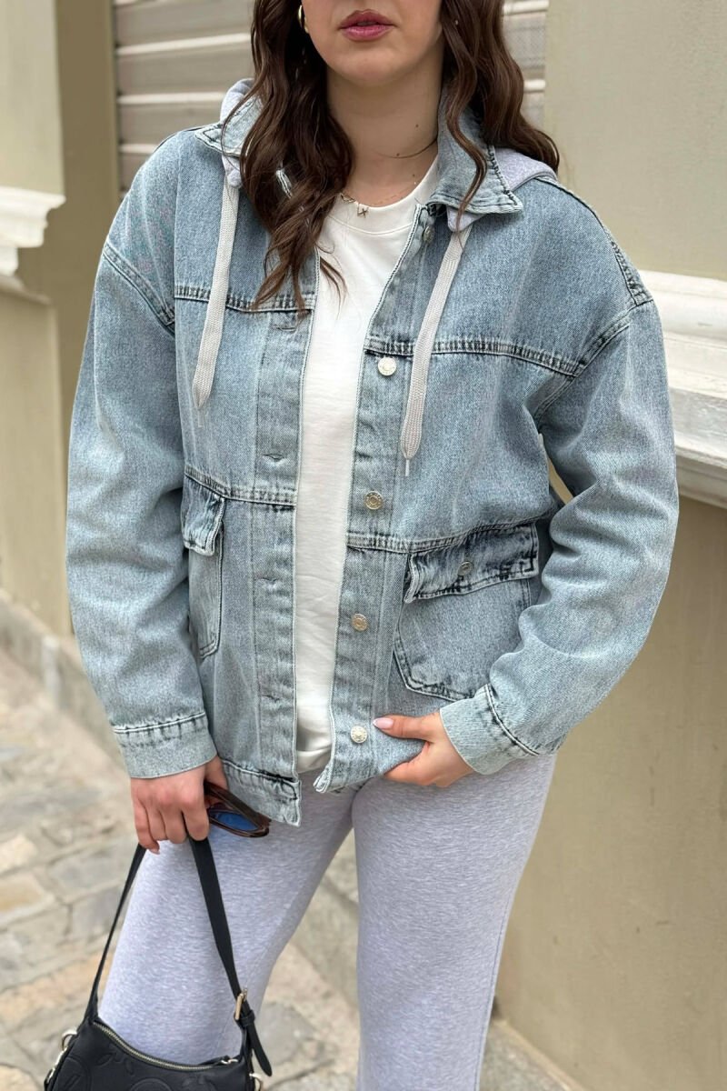 ONE COLOR HODDED DENIM WOMAN JACKET BABY BLUE/BLU BY - 5