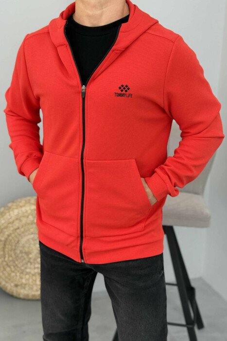 ONE COLOR HOOD ZIPPER MEN COTTON JACKET RED/E KUQE - 1
