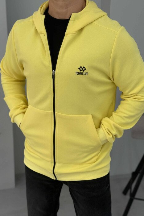 ONE COLOR HOOD ZIPPER MEN COTTON JACKET YELLOW/E VERDHE - KLAUDIO FASHION