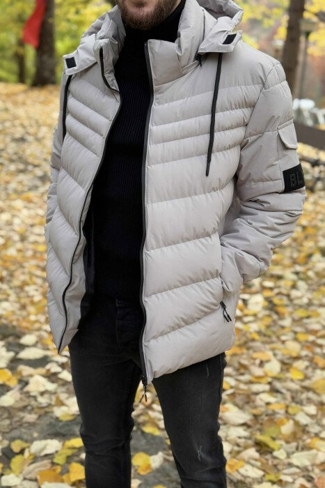 ONE COLOR HOODED MEN PUFFER JACKET LIGHT GREY/GZ - KLAUDIO FASHION