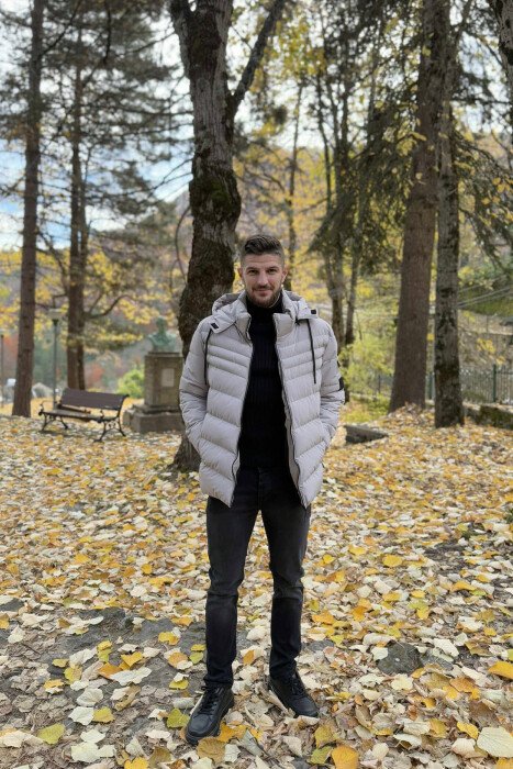 ONE COLOR HOODED MEN PUFFER JACKET LIGHT GREY/GZ - 5
