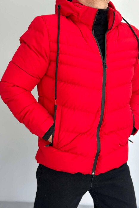 XHUP NJË NGJYRËSH ME PUSH DHE KAPUC PËR MESHKUJ NË NGJYRËN E KUQE - KLAUDIO FASHION
