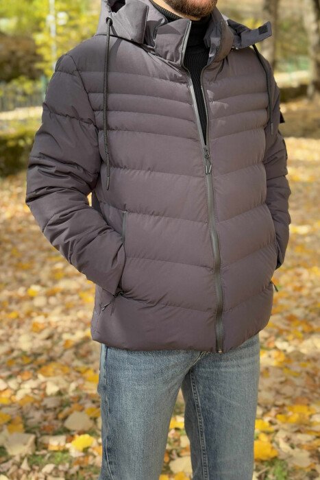 ONE COLOR HOODED MEN PUFFER JACKET DARK GREY/GEE - KLAUDIO FASHION