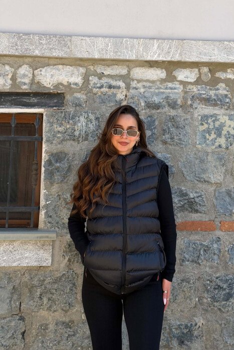 ONE COLOR HOODED SIMPLE WOMEN VEST BLACK/ E ZEZE - 5