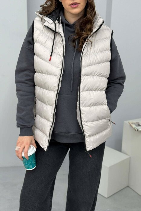 ONE COLOR HOODED SIMPLE WOMEN VEST LIGHT GREY/GZ - KLAUDIO FASHION