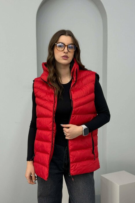 ONE COLOR HOODED SIMPLE WOMEN VEST RED/E KUQE - 2