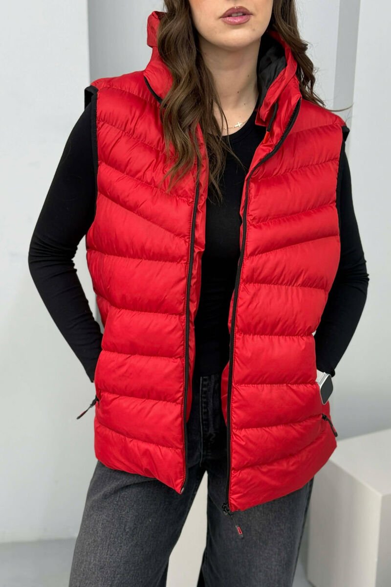 ONE COLOR HOODED SIMPLE WOMEN VEST RED/E KUQE - 1
