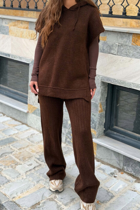 ONE COLOR HOODED SLEEVELESS SWEATER + TROUSERS WOMAN SET BROWN/KAFE - 3