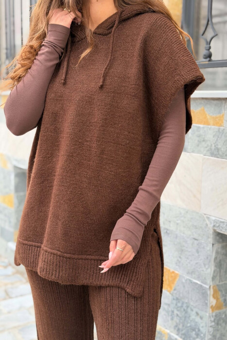 ONE COLOR HOODED SLEEVELESS SWEATER + TROUSERS WOMAN SET BROWN/KAFE - 4