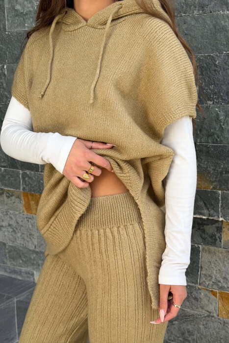ONE COLOR HOODED SLEEVELESS SWEATER + TROUSERS WOMAN SET OLIVE/ULLI - 2