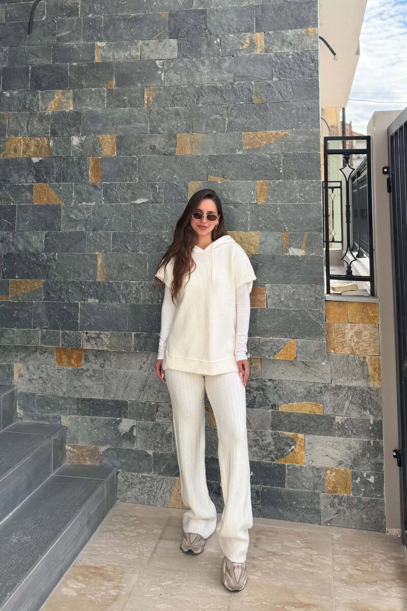 ONE COLOR HOODED SLEEVELESS SWEATER + TROUSERS WOMAN SET WHITE-E BARDHE - 1