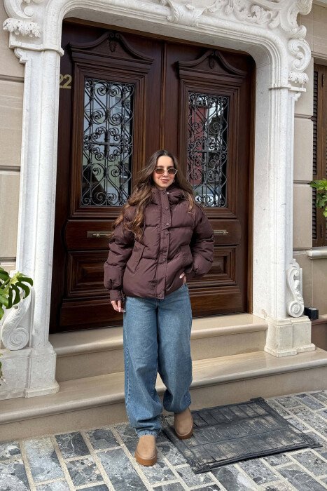 ONE COLOR HOODED WOMAN PUFFER JACKET BROWN/KAFE 