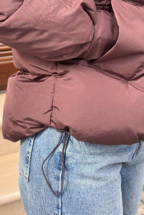 ONE COLOR HOODED WOMAN PUFFER JACKET BROWN/KAFE - 5