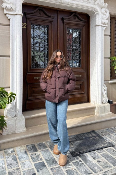 ONE COLOR HOODED WOMAN PUFFER JACKET BROWN/KAFE - 6