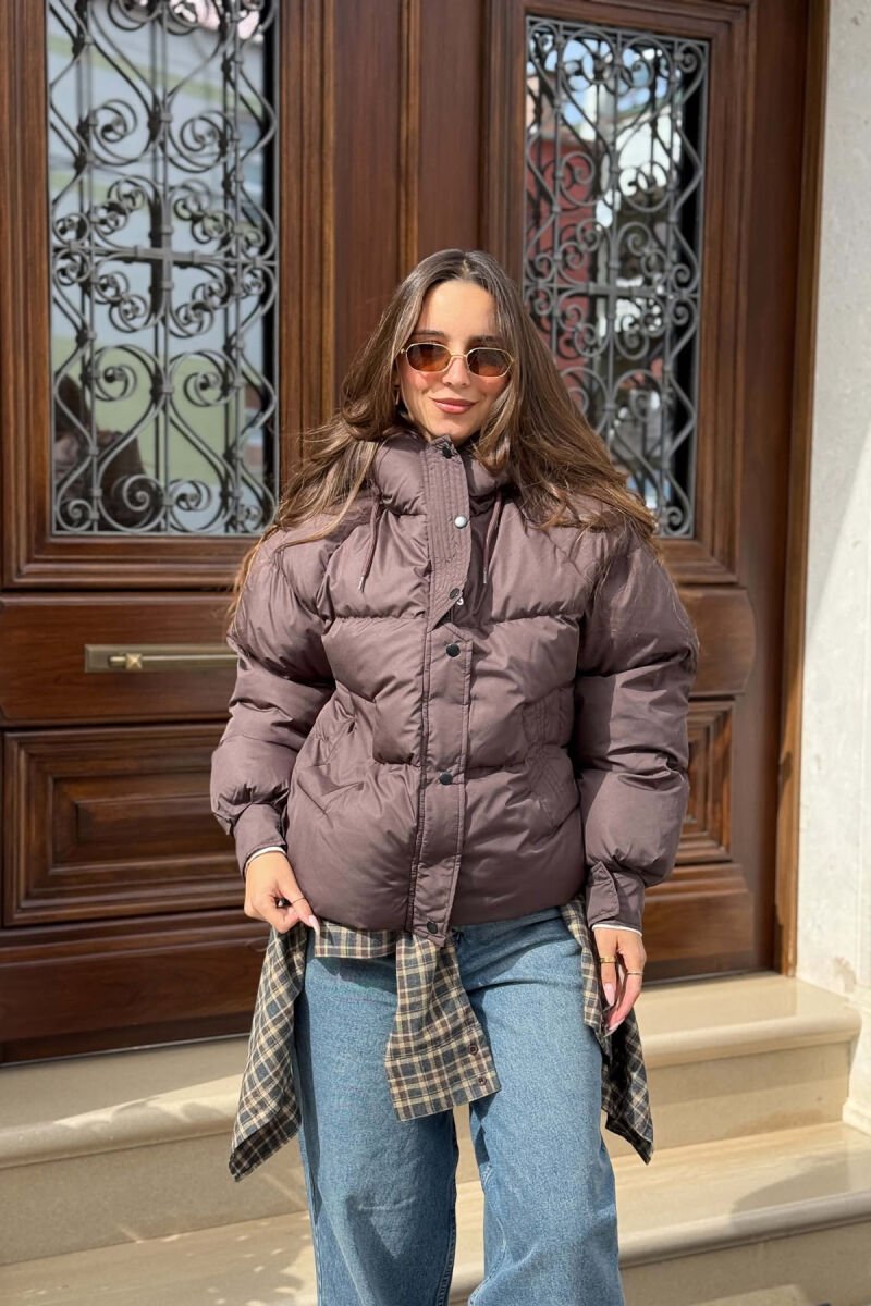 ONE COLOR HOODED WOMAN PUFFER JACKET DARK BROWN/KAFE ERRET - 1