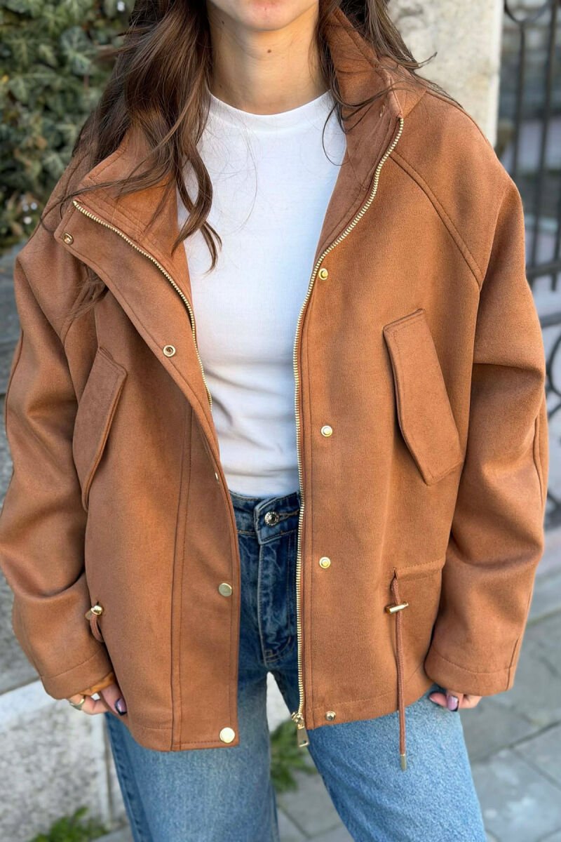 ONE COLOR HOODED WOMEN JACKET BROWN/KAFE - 2