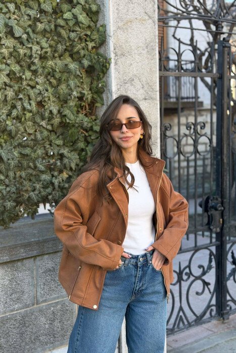 ONE COLOR HOODED WOMEN JACKET BROWN/KAFE - 5