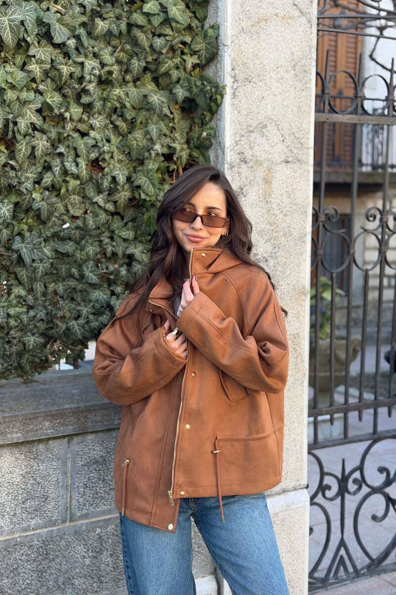 ONE COLOR HOODED WOMEN JACKET BROWN/KAFE - 4