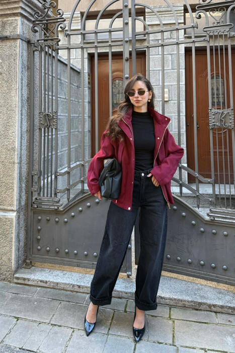ONE COLOR HOODED WOMEN JACKET BURGUNDY/VISHNJE - 2