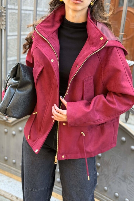 ONE COLOR HOODED WOMEN JACKET BURGUNDY/VISHNJE - 3