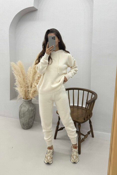 ONE COLOR HOODED WOMEN KNIT SET CREAM/KREM - 1