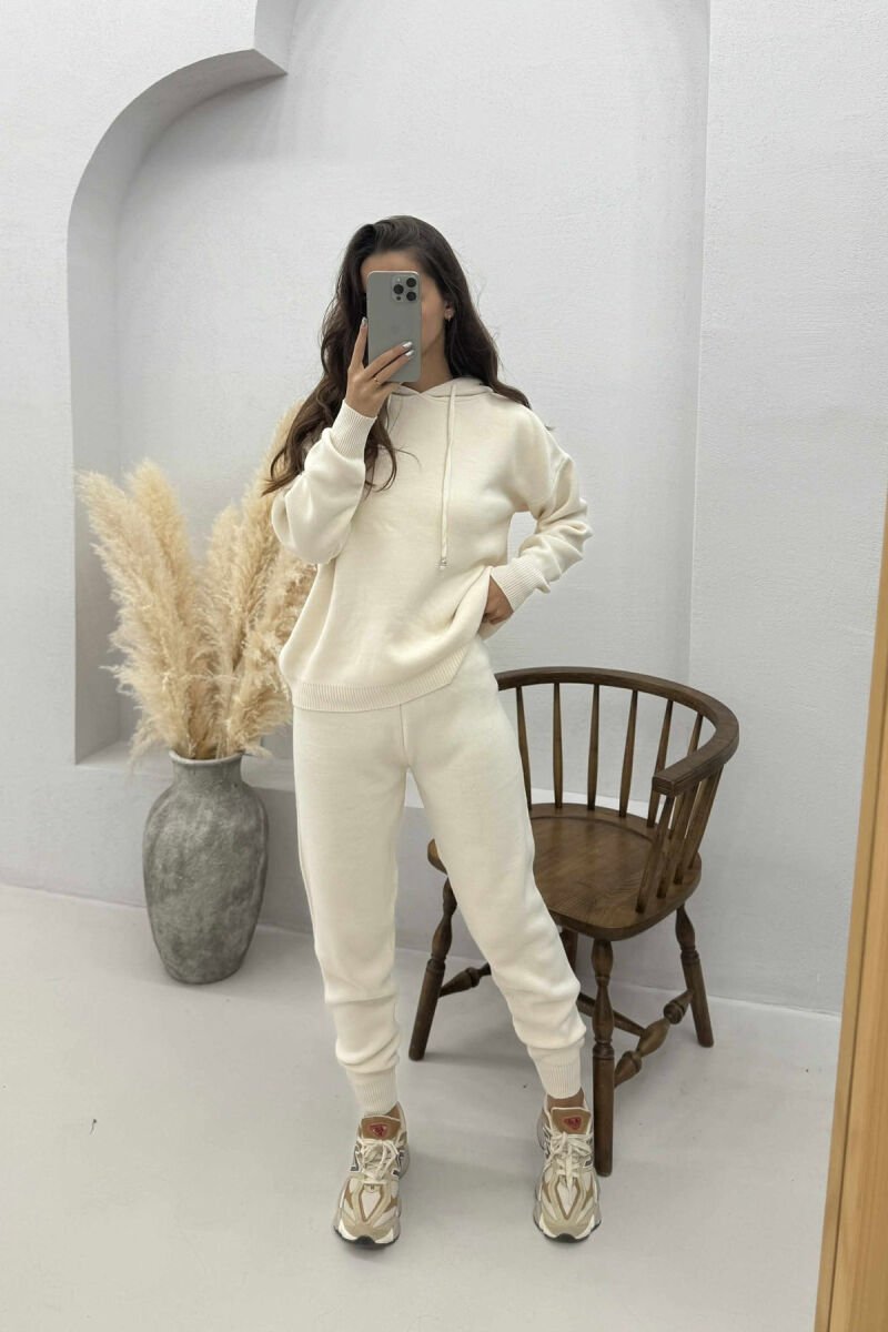 ONE COLOR HOODED WOMEN KNIT SET CREAM/KREM - 1