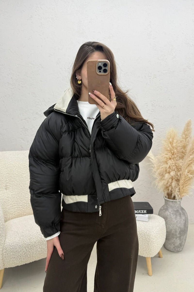ONE COLOR HOODED ZIPPER CROPPED WOMAN PUFFER JACKET BLACK/ E ZEZE - 1
