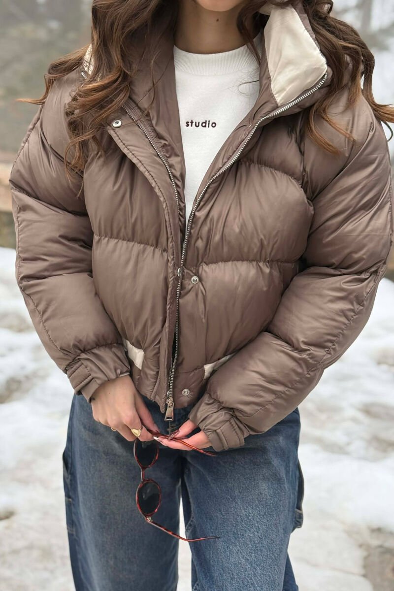 ONE COLOR HOODED ZIPPER CROPPED WOMAN PUFFER JACKET BROWN/KAFE - 6