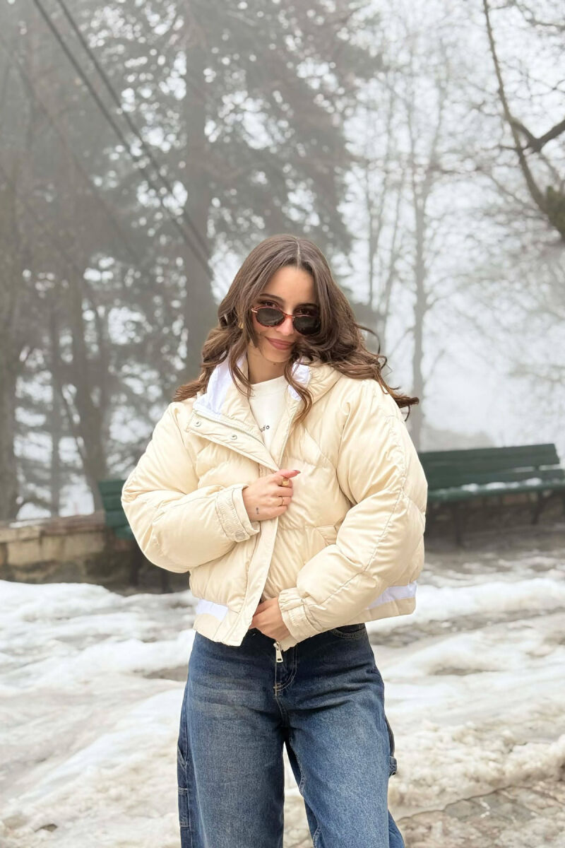 ONE COLOR HOODED ZIPPER CROPPED WOMAN PUFFER JACKET CREAM/KREM - 1