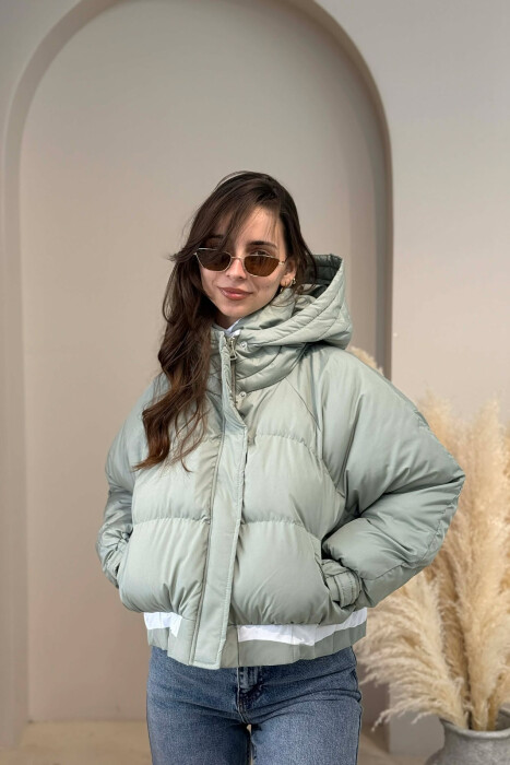 ONE COLOR HOODED ZIPPER CROPPED WOMAN PUFFER JACKET MINT/MENTE 