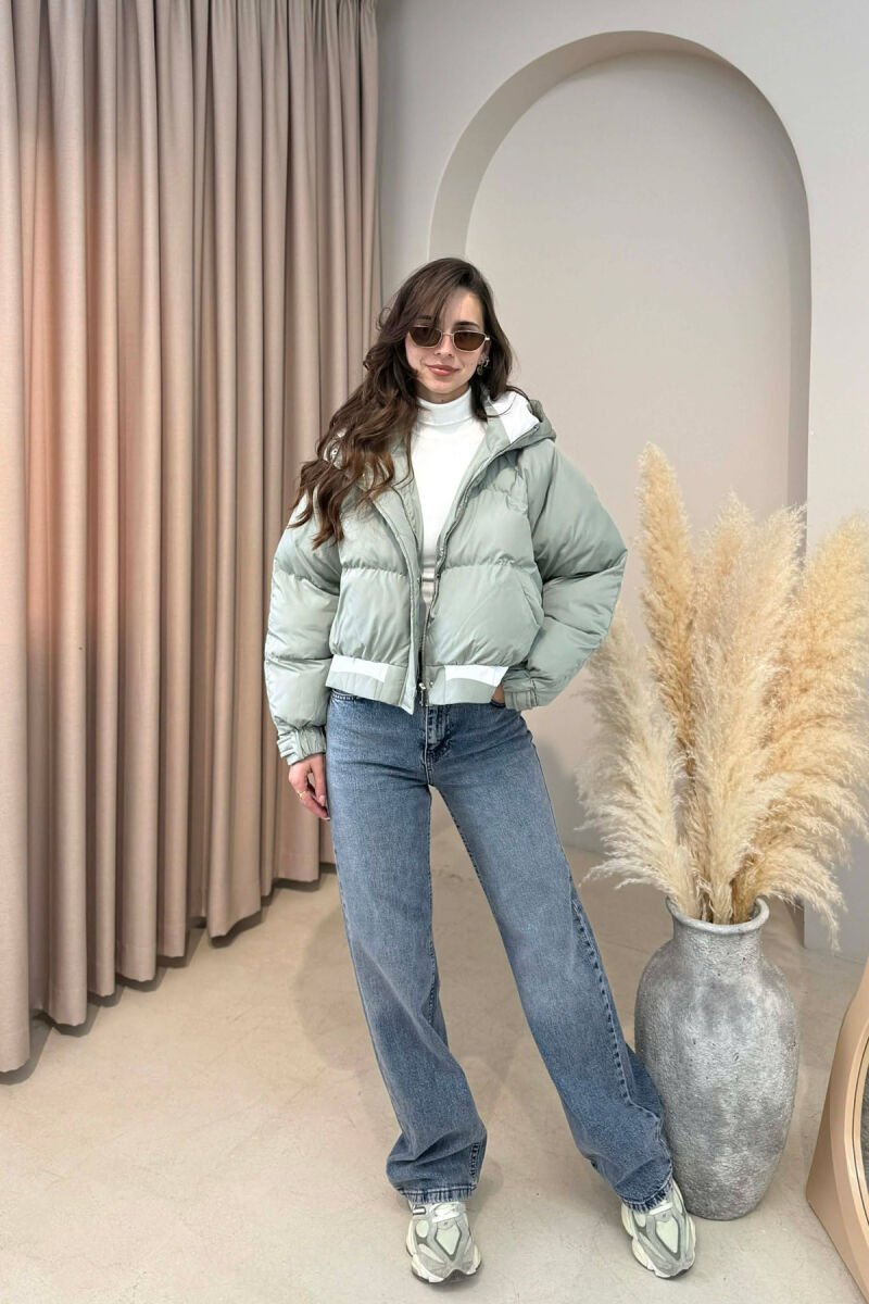 ONE COLOR HOODED ZIPPER CROPPED WOMAN PUFFER JACKET MINT/MENTE - 4