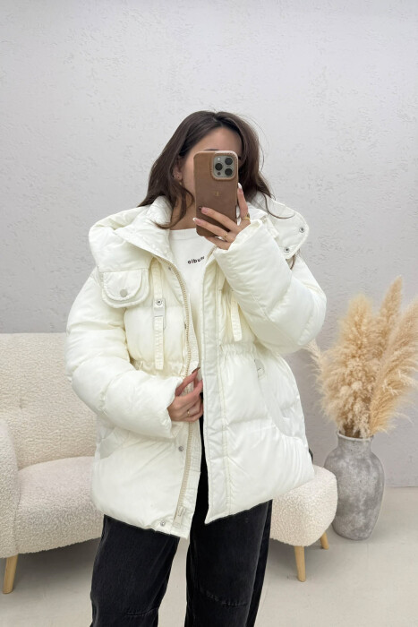 ONE COLOR HOODED ZIPPER WOMAN PUFFER JACKET WHITE-E BARDHE - KLAUDIO FASHION