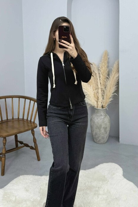 ONE COLOR HOODED ZIPPER WOMEN JACKET BLACK/ E ZEZE - 1